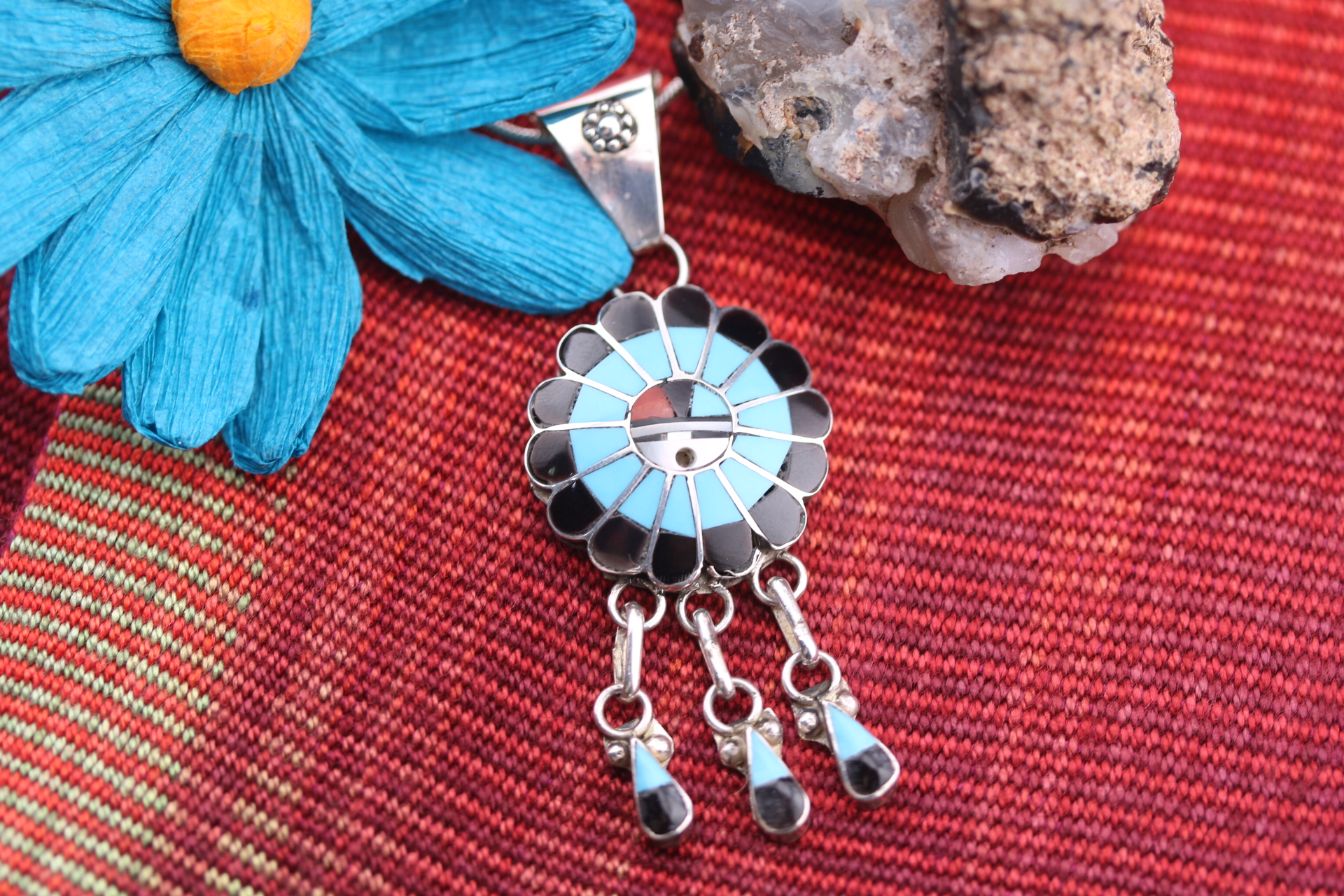 Onyx & Turquoise Native American Zuni Pueblo Pendant Handmade by B